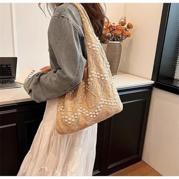 Boho Crochet Beach Tote with White Bead Inlay - Picture 5 of 5